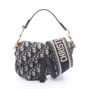 Christian Dior SADDLE Oblique Handbag Canvas Leather Navy Blue Ivory White